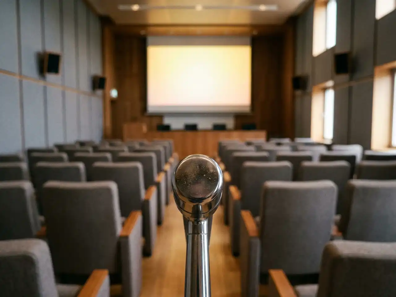 Podiumsmicrofoon op spreekgestoelte in lege conferentiezaal met verlicht projectiescherm op de achtergrond.