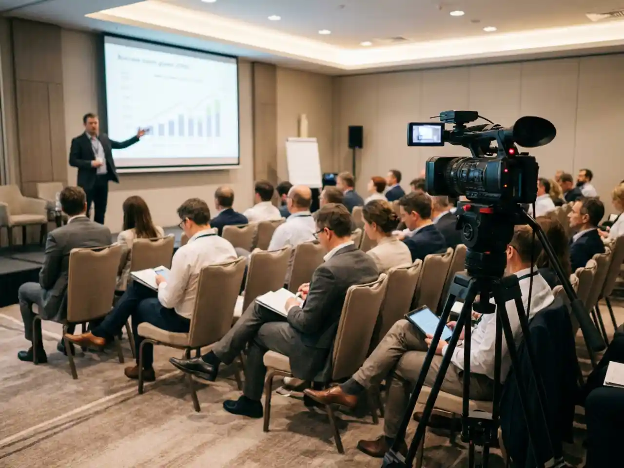 Conferentiezaal tijdens presentatie met spreker op groot scherm, camera op statief voor remote deelnemers en rijen zittende delegates met notitieboeken.
