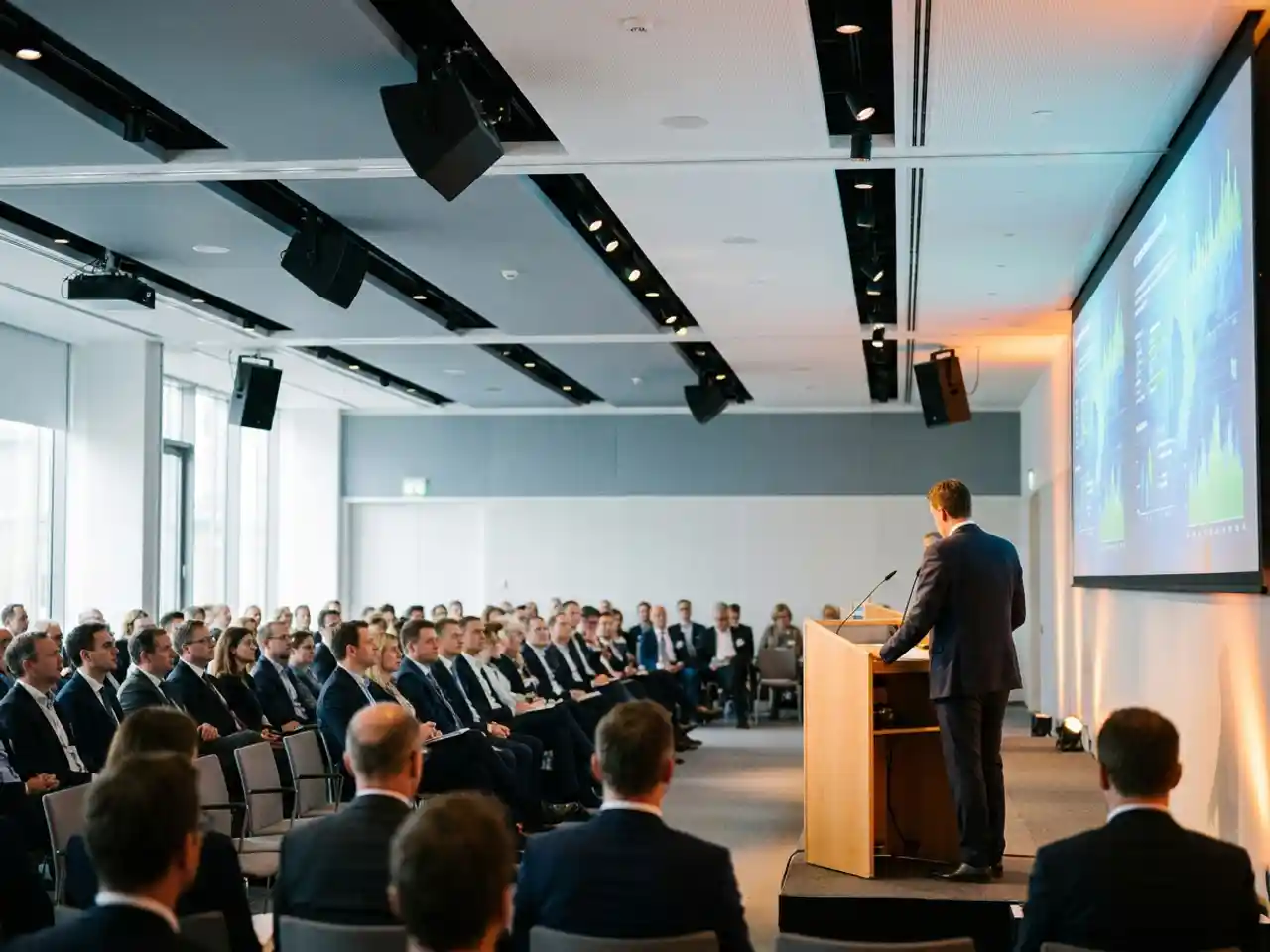 Spreker achter podium in grote conferentiezaal met rijen publiek en groot projectiescherm op de achtergrond.