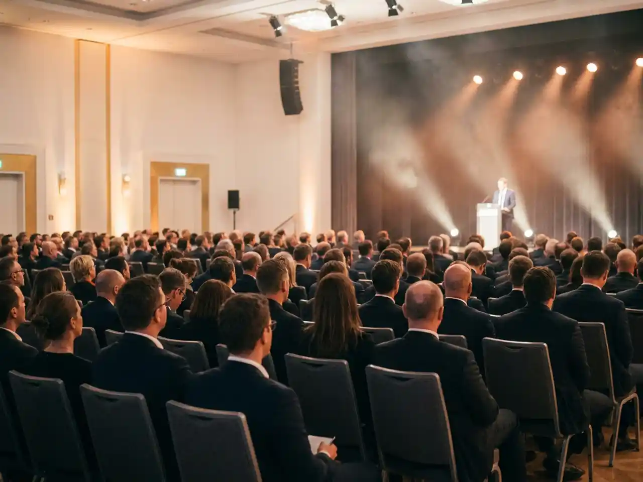 Spreker aan een podium in een grote conferentiezaal met rijen toeschouwers onder warm amberkleurig licht.