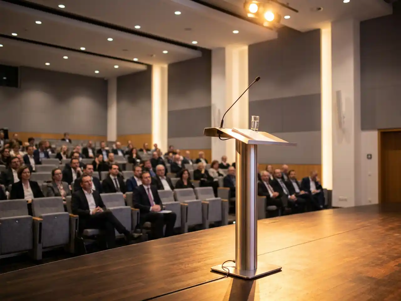 Podiumsmicrofoon op een sprekerstafel in een moderne congreshal met rijen toehoorders op de achtergrond.