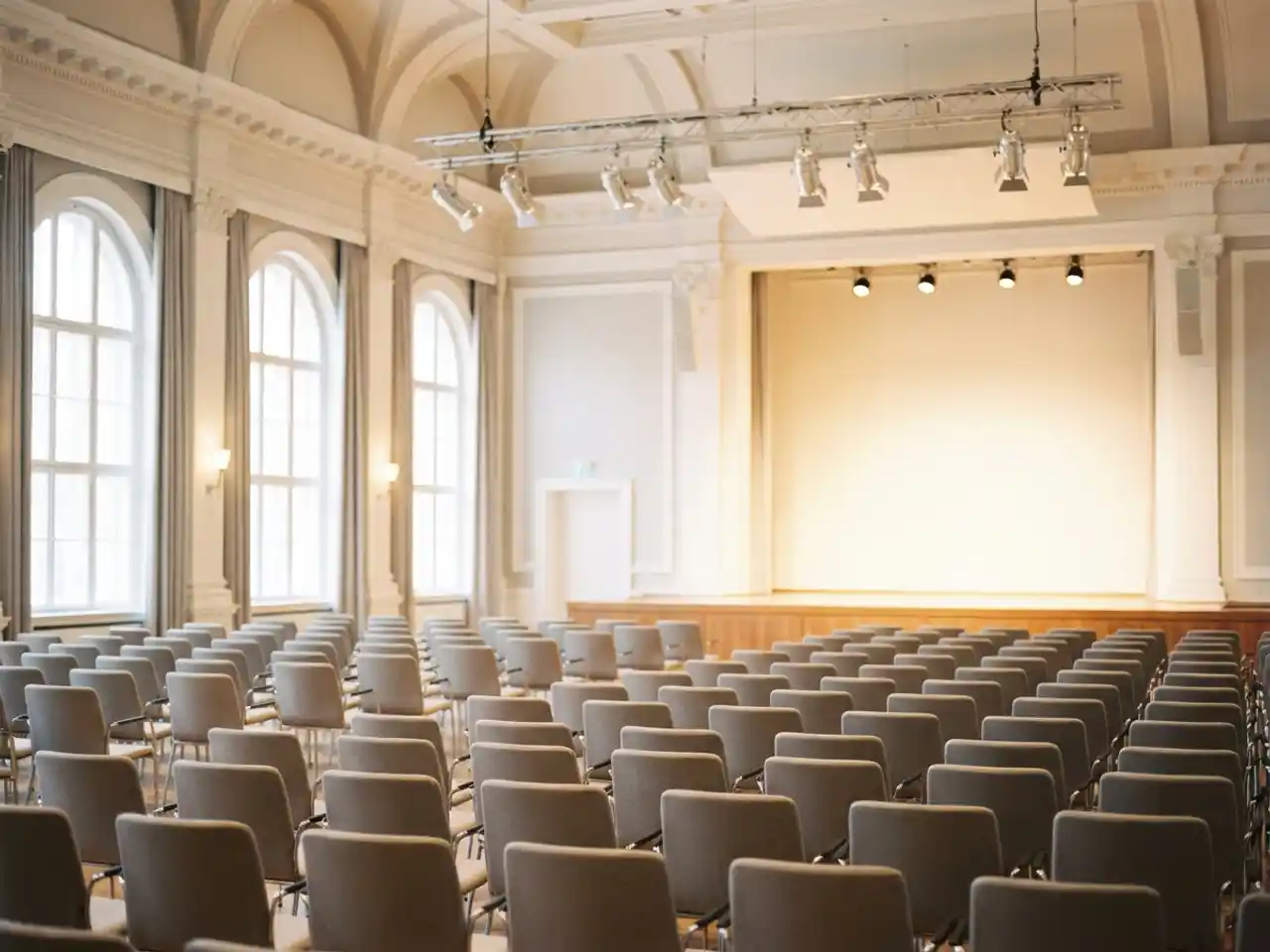 Lege congreszaal met stoelrijen gericht op een presentatiepodium, professionele verlichting en natuurlijk daglicht door hoge ramen.