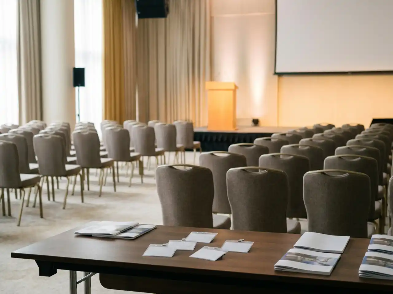 Lege congreshal met stoelrijen gericht op verlicht podium, naamkaartjes en programmaboekjes op registratietafel op de voorgrond.