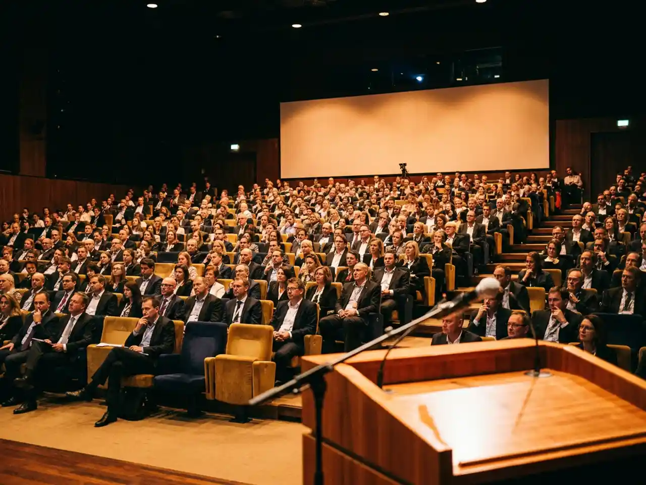 Congreshal gevuld met toehoorders gericht op groot projectiescherm, podium met microfoonstandaards en sprekerspodium op de voorgrond, warme amber verlichting.