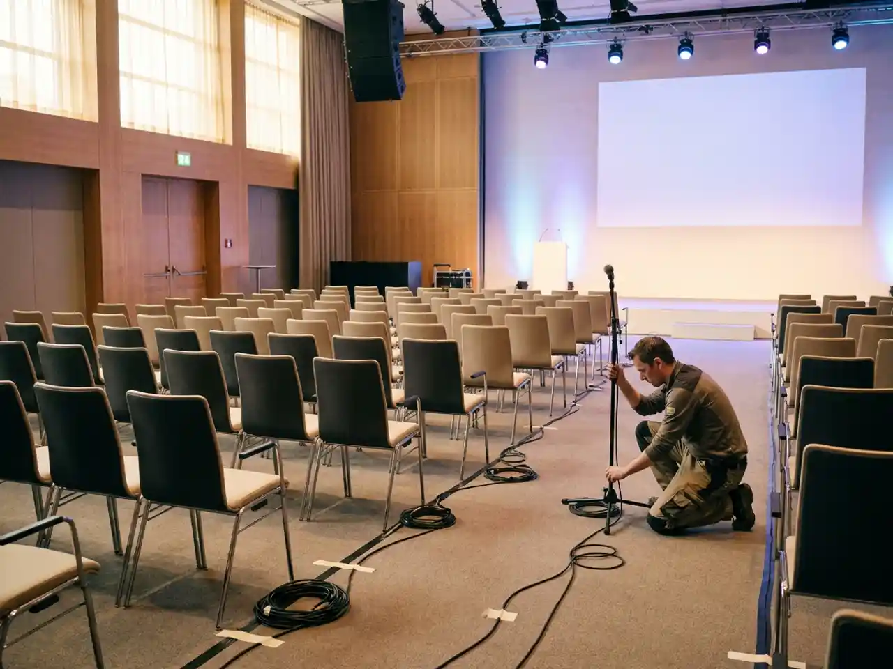 Congreszaal in opbouw met stoelrijen, verlicht projectiescherm en technicus die microfoon instelt op het podium.