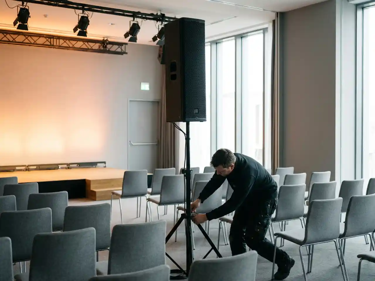 Technicus stelt zwarte luidspreker op statief af in moderne conferentiezaal met lege stoelen en warm podiumlicht.