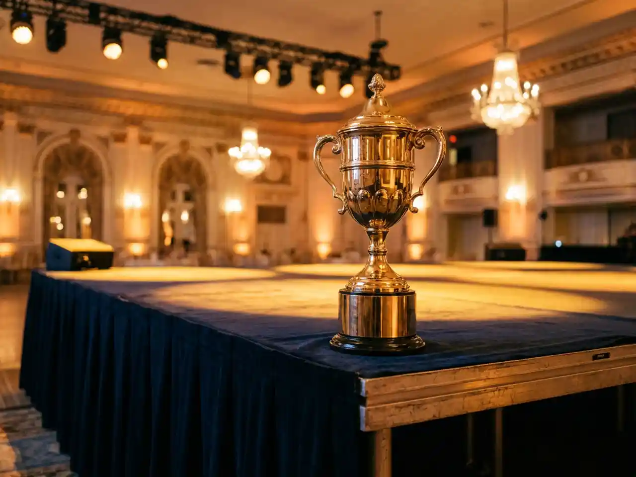 Gouden prijstrofee op een gedrapeerde bankettafel in een lege feestzaal met warm amber podiumverlichting.