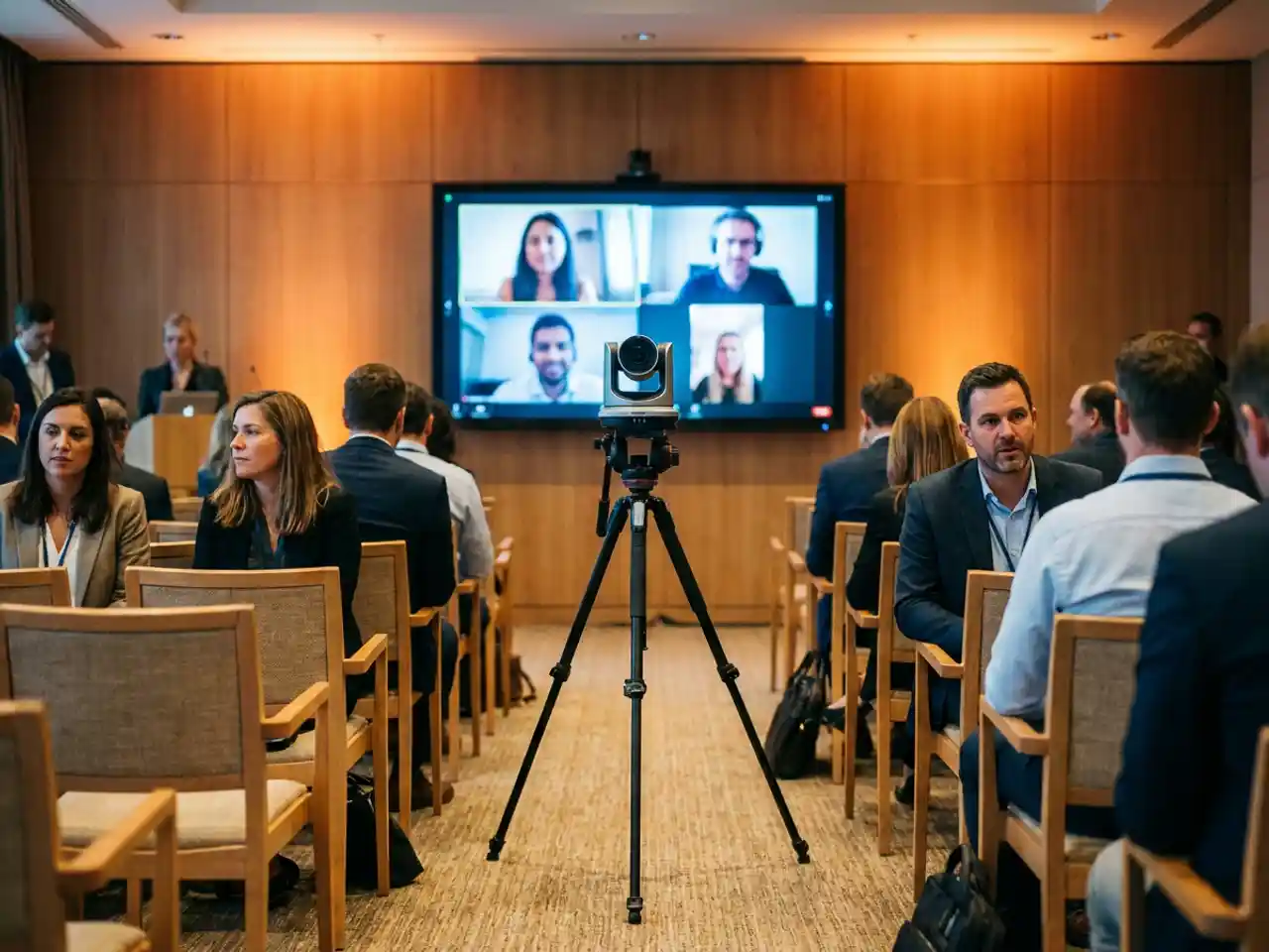 Conferentiezaal met publiek dat naar een videoscherm kijkt waarop remote deelnemers zichtbaar zijn, camera op statief, warme amberverlichting.