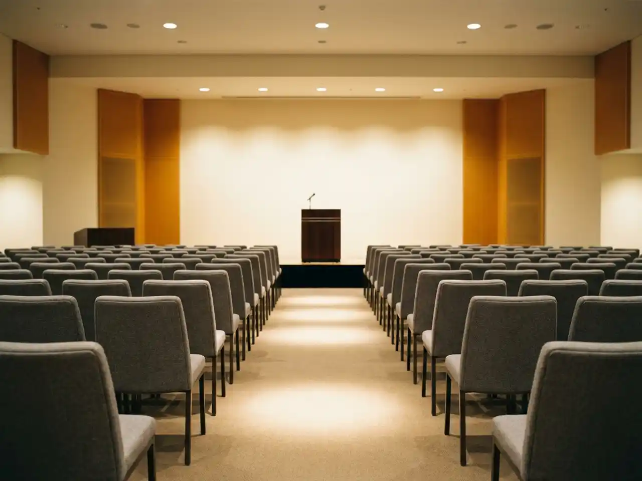 Lege conferentiezaal met stoelrijen gericht op een podium met spreekgestoelte en microfoon, verlicht door warme schijnwerpers.