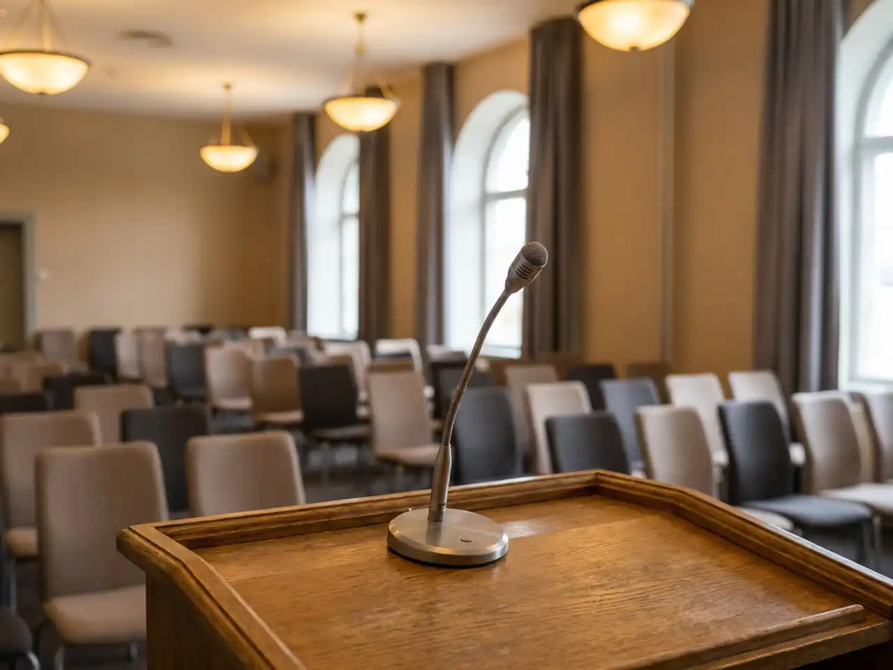 Conferentiemicrofoon op een gepolijst houten spreekgestoelte, met onscherpe stoelrijen op de achtergrond in een warme vergaderzaal.