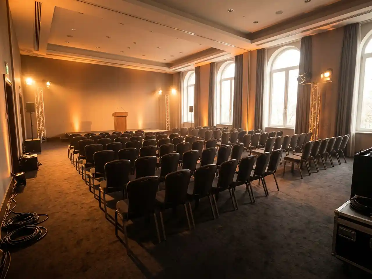 Conferentiezaal met nette stoelrijen en verlicht sprekerspodium, klaar voor een open dag evenement.