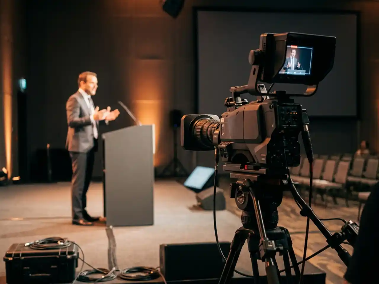 Presentator achter podium in donkere conferentiezaal, vastgelegd vanuit perspectief van een broadcast camera op statief met warme podiumverlichting.