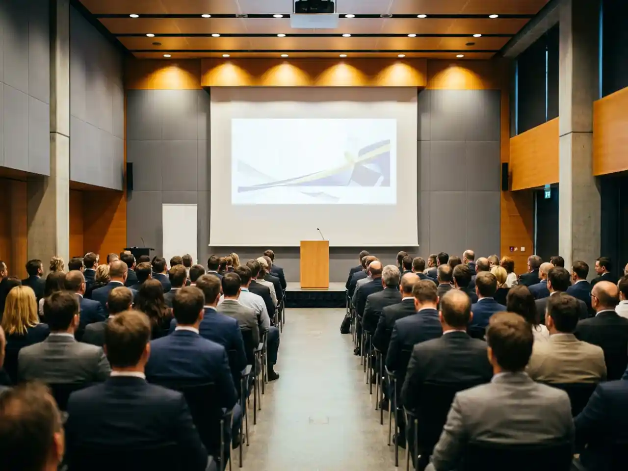 Grote conferentiezaal met rijen toehoorders gericht op een projectiescherm en podium met microfoon, verlicht door warme spotlights.