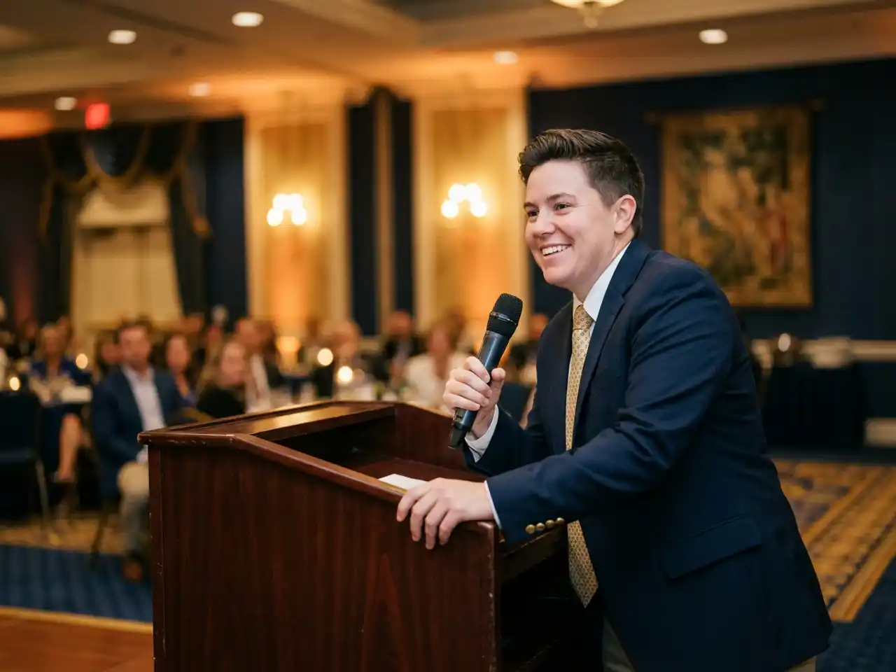 Zelfverzekerde spreker met draadloze microfoon achter houten podium in hotelballroom met amberkleurige belichting en wazig publiek op achtergrond.